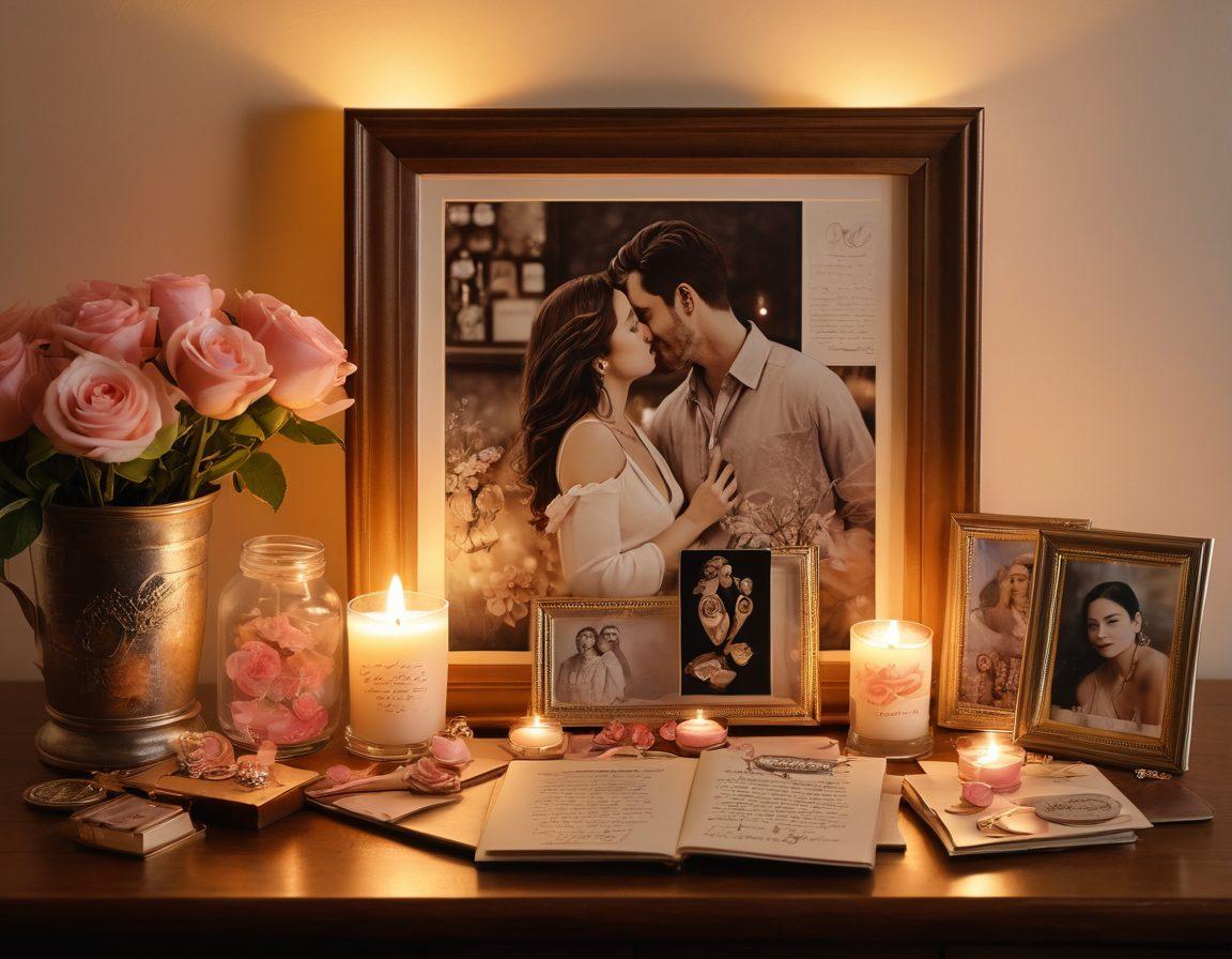 A beautifully arranged display of romantic tokens and customized souvenirs, featuring engraved jewelry, personalized photo frames, and love notes, surrounded by soft candlelight. The background is a cozy, intimate setting that evokes warmth and love, with hints of roses and soft pastel colors. super-realistic. warm lighting. cozy atmosphere.