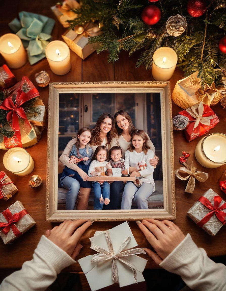 A serene scene depicting a family gathering around a beautifully decorated table filled with thoughtful gifts and customized souvenirs, showcasing heartfelt moments of joy and connection. Include vibrant colors in the decorations, and soft lighting to evoke warmth and nostalgia. Elements like personalized photo frames, unique gift wraps, and handmade crafts should be present, symbolizing cherished memories. whimsical art style. warm tones. soft focus.